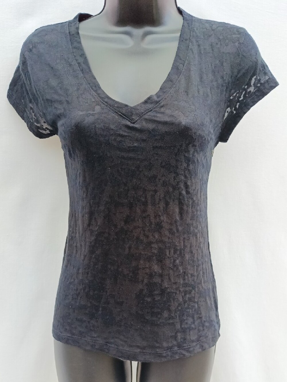 Zenana Outfitters Black Semi Sheer V-Neck Short Sleeve Tee -upcycled